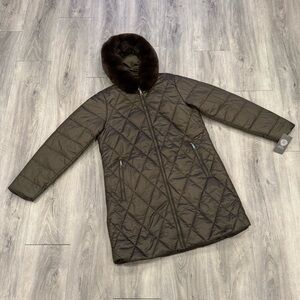 Vince Camuto Olive Green Faux Fur Quilted Puffer Jacket with Gold Hardware